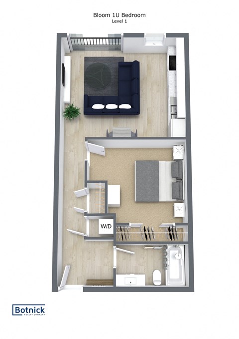 Floor plan for 1 bed, 1 bath, 598 sqft
